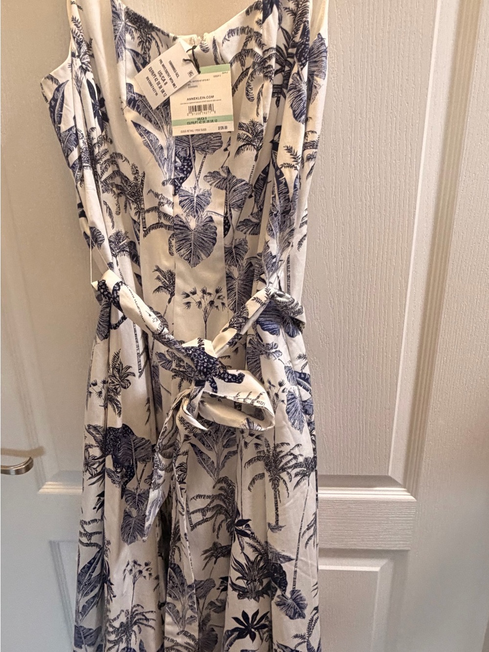 Anne Klein White and Navy Tropical Tie-Waist Midi Dress